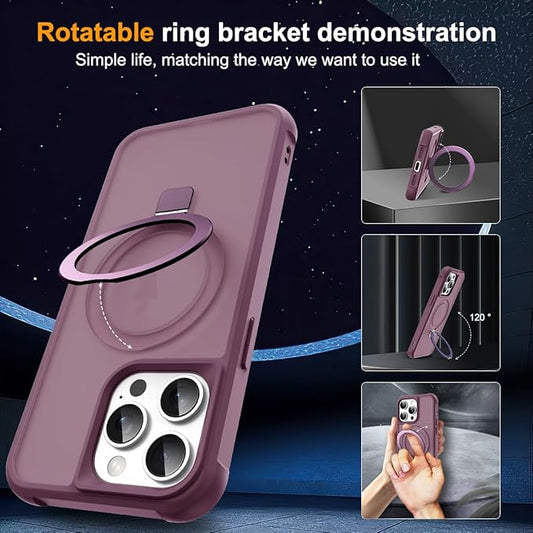 Compatible with iPhone 15 Pro Max Case with Invisible Magnetic O-Ring Stand Military-Grade Translucent Case for iPhone 15 ProMax 6.7" [Compatible with Mag-Safe][Great Grip Feeling], Wine Red