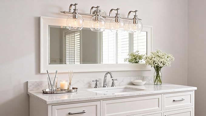 ANDY STAR Bathroom Light Fixtures, Brushed Nickel Vanity Light, 4 Light Bathroom Wall Lights, 30.5 Inch Modern Silver Wall Sconces, E26 Base Bulbs Required, UL Certified