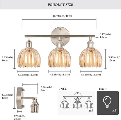 Bathroom Light Fixtures, 3-Light Vanity Wall Light Over Mirror with Amber Tulip Glass Shade for Bedroom Living Room (Bulb Not Included), Satin Nickel