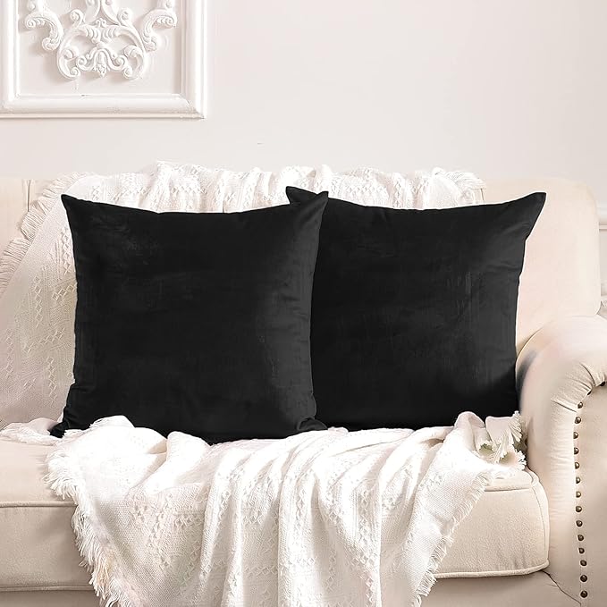 FY FIBER HOUSE Pack of 2 Velvet Throw Pillow Covers Decorative Pillowcase Soft Solid Cushion Cover, 18 x 18 Inch, Black