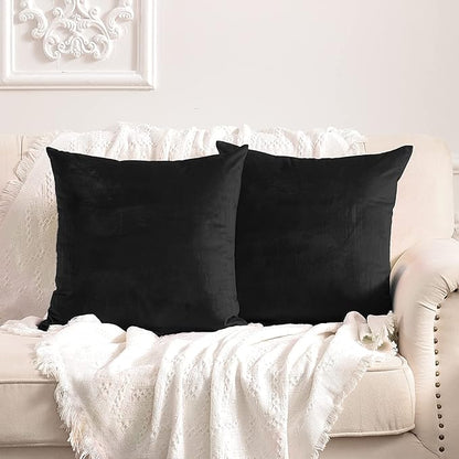FY FIBER HOUSE Pack of 2 Velvet Throw Pillow Covers Decorative Pillowcase Soft Solid Cushion Cover, 18 x 18 Inch, Black