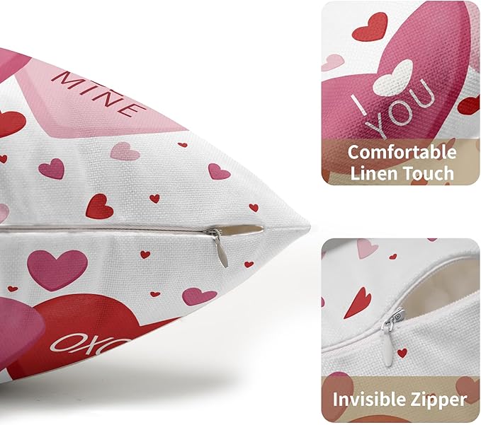 Valentines Day Pillow Covers 12x20 Set of 2 White Pink Heart Throw Pillow Covers Love Pillowcase Linen Decoration Farmhouse Holiday Cozy Soft Cushion Case Couch for Indoor Outdoor Home Decor