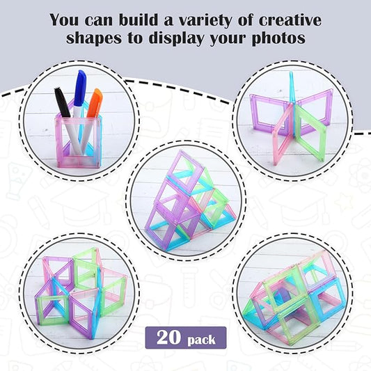 Epakh 20 Packs Magnetic Photo Picture Frame Cute Mini Table Photo Frame Holder 3 Inches Plastic Colorful Picture Display for Fridge Office (Light Tone)