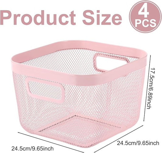 4 Pack Metal Mesh Basket with Hollow Handles Pink Wire Storage Bin for Organizing Stackable Metal Fine Mesh Basket for Pantry Bathroom Kitchen Cabinets Shelves
