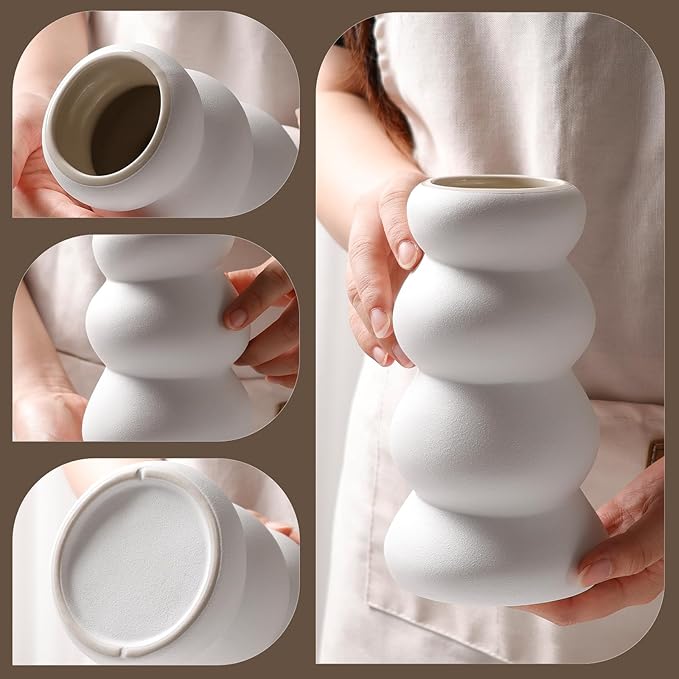 BosilunLife Ceramic Vase with Stacked Bubble Design – Boho Modern Sculptural Flower Vase for Home Decor, Shelf or Table Centerpiece (Unglazed White)