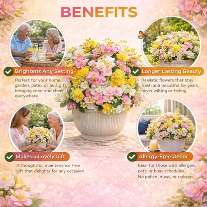 alyptus Artificial Flowers for Outdoors, 12 Bundles UV Resistant Spring Fake Flowers for Porch, Patio & Home Decor – Realistic Outdoor Faux Plants with 4 Colors - Multicolor