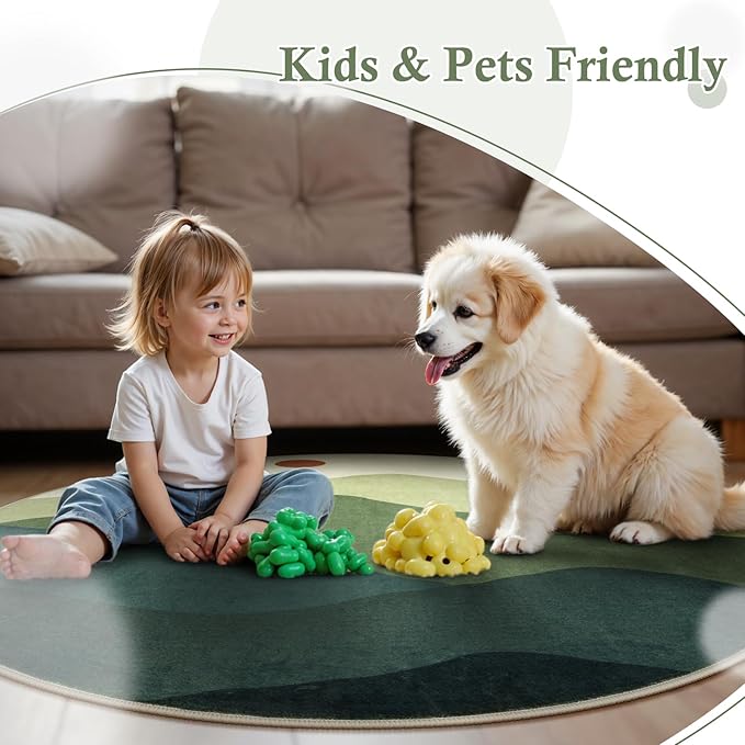Sunrise Circle Area Rug 5ft, Large Round Rugs for Living Room Non-Slip Washable Bedroom Carpet, Mountain Modern Throw Mat for Dining Room Nursery Classroom(Green)