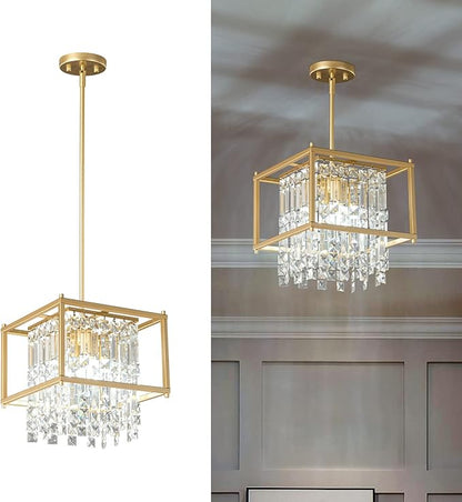 LMQNINE Modern Foyer Chandelier, Black Crystal Chandelier Entryway Light Fixture, Square Adjustable Height Chandeliers for Kitchen Island, L11.81'' x H7.87''