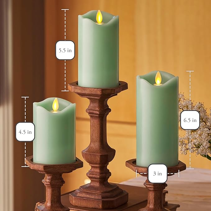 Matchless Candle Co. by Luminara Set of 3 (3" x 4.5",5.5",6.5") Flameless LED Flickering Battery Candle Moving Flame Pillar, Melted Edge, Real Wax Smooth Finish (Pastel Green)