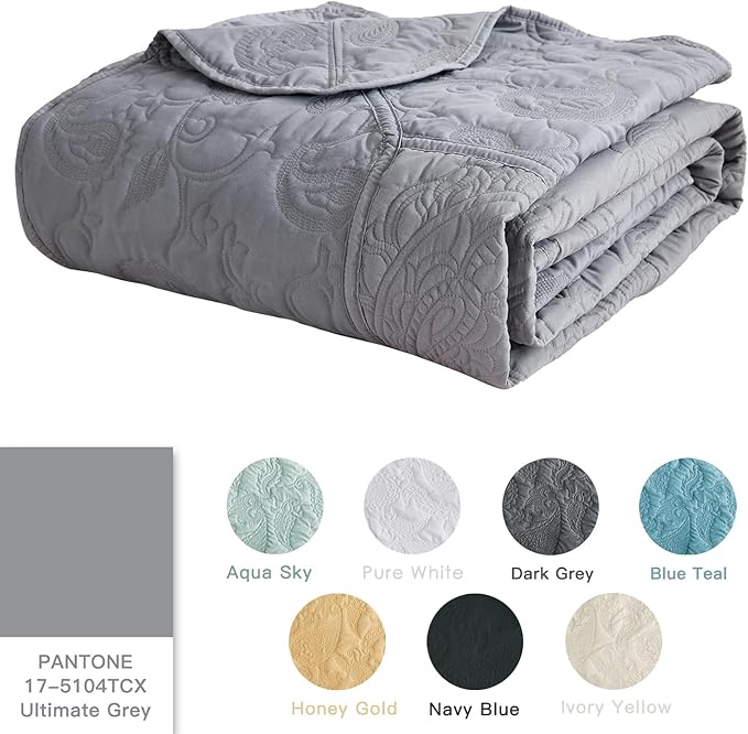 HZ & HY Oversized King Bedspread 138x122 Extra Wide, Quilted Coverlet Bedding Set, Lightweight Thin Comforter, Reversible, Luxurious, 5 Piece, 100% Microfiber, California/Alaskan King, Grey