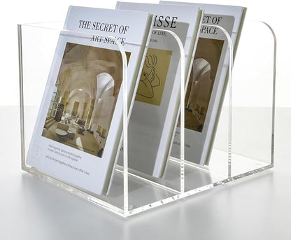 3 Vertical Compartments Clear Acrylic Magazine & File Holder – Multipurpose Desk Organizer for Documents, Tablets, Magazines, Books – Office/Home/Classroom Rack