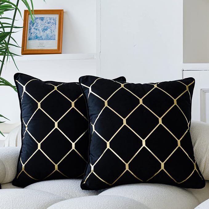 WACOMECO Gold Throw Pillow Covers, Pack of 2 Soft Velvet Decorative Cushion Covers for Couch Sofa Home Decoration, Black, 18x18 Inch