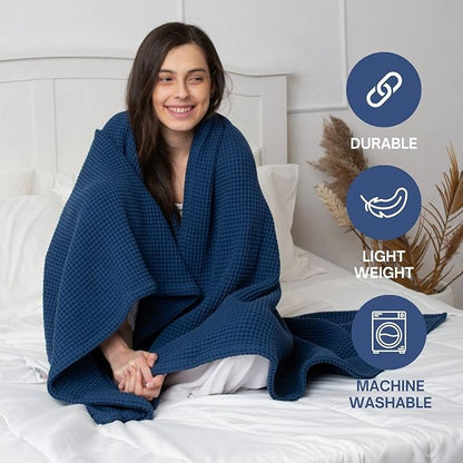 100% Cotton Waffle Blankets for Bed - Throw (50" x 60") Lightweight, Breathable and Soft, Waffle Weave Blanket for All-Season - Summer, Spring, Winter (Blue)