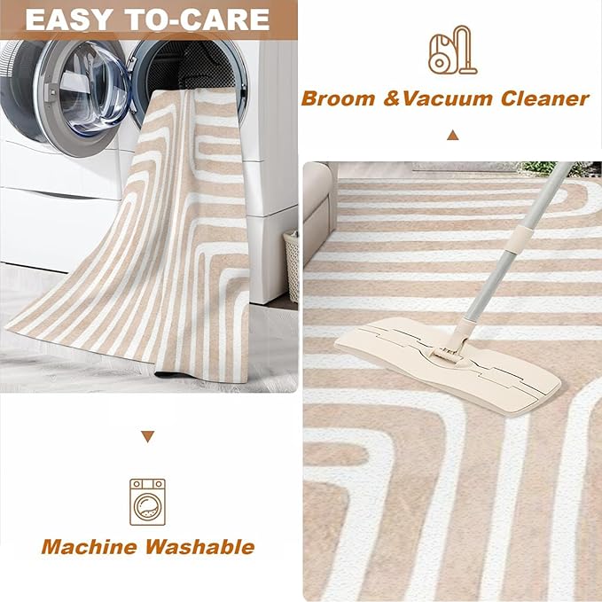 Yellow White Striped Abstract Boho Area Rug, Cream Brown Nordic Rainbow Print Large Rugs, Machine Washable Breathable Durable Carpet for Room Sofa Living Room Mat Bedroom Home Decor,3 x 5ft