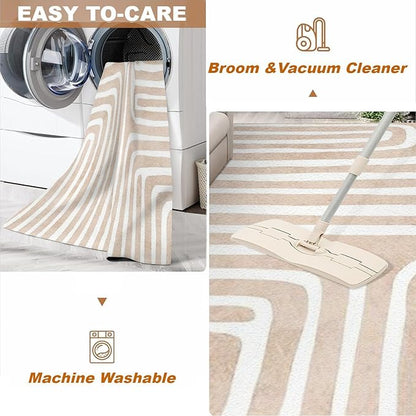Yellow White Striped Abstract Boho Area Rug, Cream Brown Nordic Rainbow Print Large Rugs, Machine Washable Breathable Durable Carpet for Room Sofa Living Room Mat Bedroom Home Decor,3 x 5ft