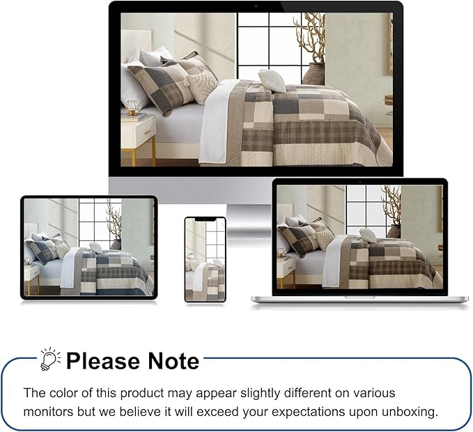 Farmhouse Bedspreads Queen Size 102"x120" - 100% Cotton Lightweight Oversized Queen Quilt with 2 Pillowshams, Printed Plaid Quilted Bedding Coverlet for All Season, Charcoal/Beige/Brown