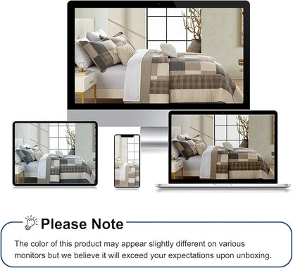 Oversized King Bedspread 128"x120" - 100% Cotton Lightweight California King Quilt with 2 Pillowshams, Printed Plaid Extra Wide Quilted Bedding Coverlet for All Season, Charcoal/Beige/Brown