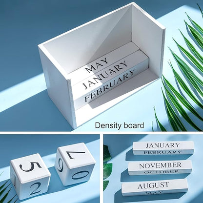 Wooden Gaobei Desk Blocks Calendar Perpetual Block Month Date Display （White)