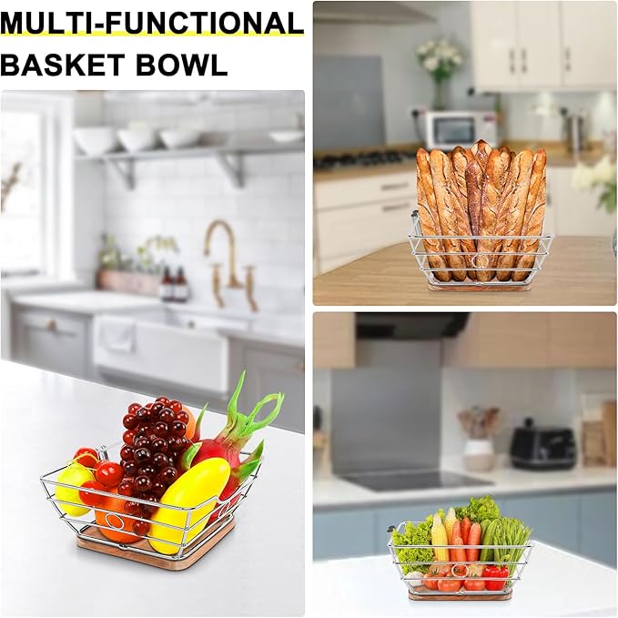 Livabber Countertop Fruit Basket Bowl with Banana Hanger, Modern Standing Fruit Vegetable Bowl Storage, with Banana Tree Holder for Kitchen Dinning Table (Square Wood, Chrome)
