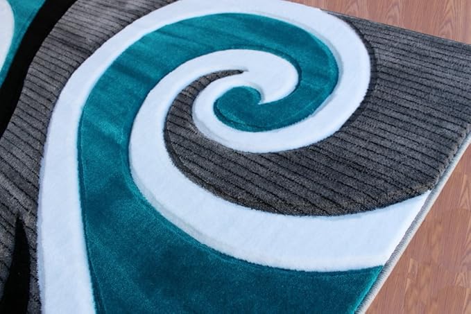 Masada Rugs, Sophia Collection Hand Carved Area Rug Modern Contemporary Turquoise White Grey Black (8 Feet X 10 Feet)