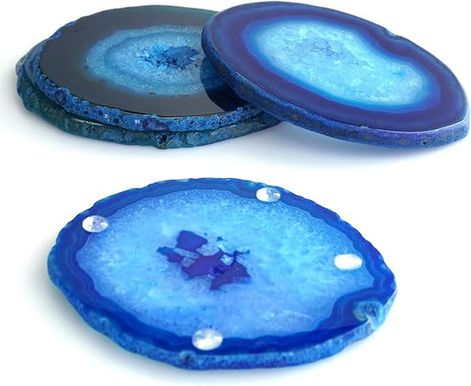 Teal Agate Slices Bulk Geode Coasters Set of 4 with Rubber Bumpers - Unique 4-5 Inch Dyed Stone Drink Crystal Cup Coasters for Home Decor, Coffee Table, Bar Accessories