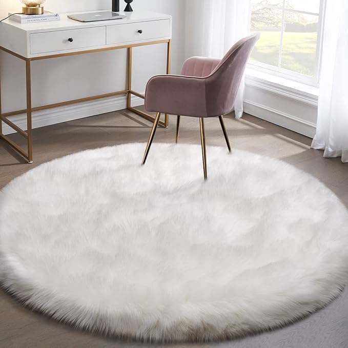 Tangsoo White Round Faux Fur Rugs, Sheepskin Round 3ft Soft Small Circle Rugs, 3x3 Fuzzy Plush Fur Rug, Shag Circular Rug Floor Carpet for Bedroom Kids Room, Nursery, Girls Room, Dorm