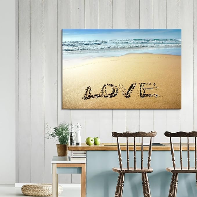 Goldfoilart Beach Canvas Wall Art for Living Room Seascape Paintings Love Coastal Picture Framed Artwork for Bathroom Bedroom Office Decor 36" x 24"