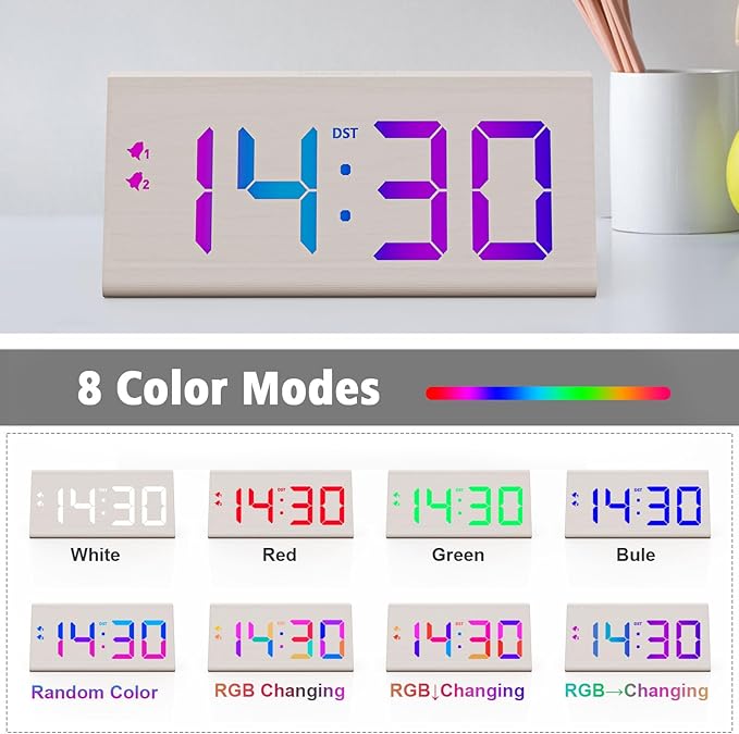 Wooden Digital Alarm Clock with Dual USB Charging Ports, DST, Dimmable, Snooze, RGB Colors, Modern Large Time Display LED Clock for Kids Bedrooms, Living Room, Desk, Table, Bedside, Nightstand (White)