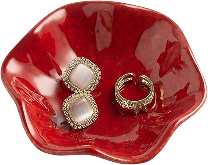 Ceramic Ring Dish, Jewelry Dish Holder, Small Trinket Tray Plate for Earrings Rings Necklaces Keys, Gift for Mom Friend Sister on Birthday Mother's Day Christmas (Red Surface)