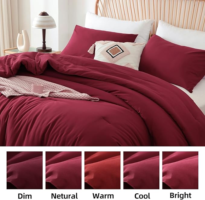 ROSGONIA Oversized King Comforter Dark Red, 3pcs (1 Boho Red Comforter & 2 Pillowcases) Lightweight Oversized King Size Comforter Sets Bedding Blanket