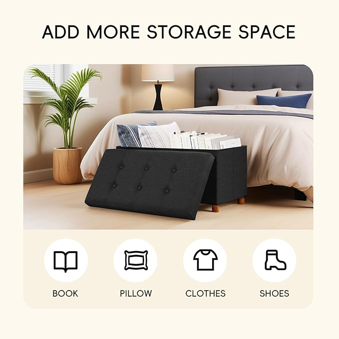 PINPLUS Storage Ottoman Cube, White Linen Footrest with Wooden Legs, Foldable Fabric Footrest, Comfortable Seat with Lid, Ottoman with Storage for Living Room, 30" x 15" x 15"，Black