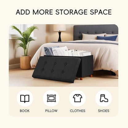 PINPLUS Storage Ottoman Cube, White Linen Footrest with Wooden Legs, Foldable Fabric Footrest, Comfortable Seat with Lid, Ottoman with Storage for Living Room, 30" x 15" x 15"，Black
