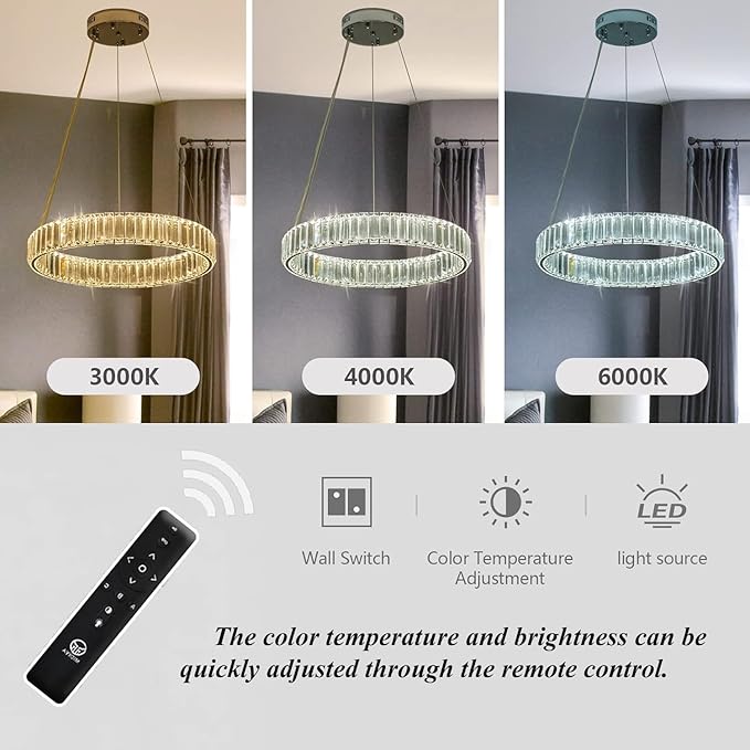 Modern Crystal Chandeliers with Remote, 3000-6000K 20in Gold Ring Pendant Light LED Dimmable Round Crystal Chandeliers with Remote for Living Room Dinning Room Bedroom
