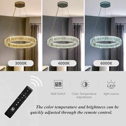 Modern Crystal Chandeliers with Remote, 3000-6000K 20in Gold Ring Pendant Light LED Dimmable Round Crystal Chandeliers with Remote for Living Room Dinning Room Bedroom