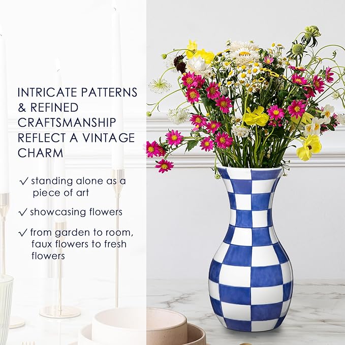 Blue and White Flower Vase, 11 Inch Tall Ceramic Vase in Wide Mouth Plain Pattern, Large Retro Chinoiserie Vase Decor Side Table Centerpiece Mantel Living Room Bookshelf Antique Grand Millennial Decor