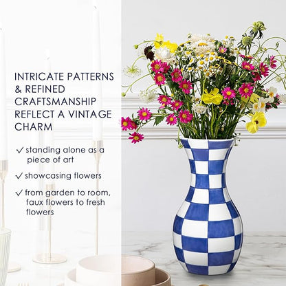 Blue and White Flower Vase, 11 Inch Tall Ceramic Vase in Wide Mouth Plain Pattern, Large Retro Chinoiserie Vase Decor Side Table Centerpiece Mantel Living Room Bookshelf Antique Grand Millennial Decor