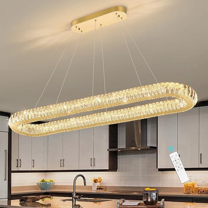 LED Oval Ring Chandelier Crystal Pendant Lighting for Dining Table Kitchen Island Remote Dimmable Hanging Light Chandeliers for Entryway Living Room Lights Gold