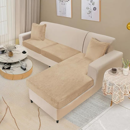 NAISI Sectional Couch Cover 3 Pieces Velvet Separate Couch Cushion Covers L Shape Soft Stretch Sofa Slipcovers with 2pcs Pillowcases for Left/Right Chaise Sectional Couch(2 Seater+1 Chaise,Camel)