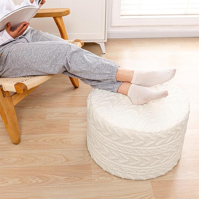 Boucle Pouf Ottoman and Foot Rest 20 x 20 x 14 Inches Floor Pouf Boho Foot Stool Home Decor for Couch Sofa Bean Bag Chairs Cream