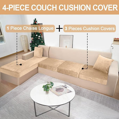 Sectional Couch Covers for 4-Piece Seat Cushion Velvet Separate L Shape Couch Cover Stretch Sofa Slipcover with 2 Pieces Pillowcases Furniture Protector (Sofa 3 Seater + 1 Chaise, Camel)