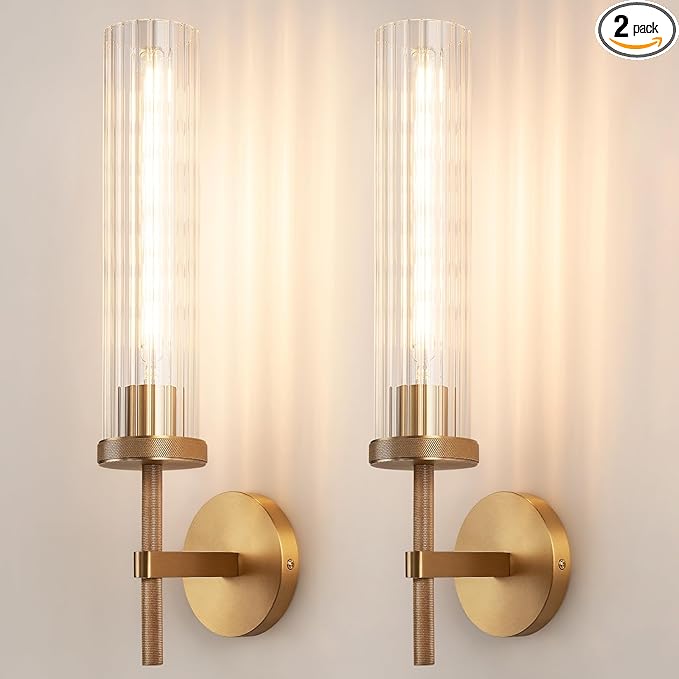19.5" Knurled Brass Wall Sconces Set of 2, Gold Bathroom Vanity Light Fixtures with Vertical Striped Glass Tube, Modern Lamp Lighting for Bedroom, Living Room, Hallway, Staircase, Mirror, Kitchen