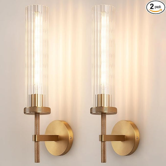 19.5" Knurled Brass Wall Sconces Set of 2, Gold Bathroom Vanity Light Fixtures with Vertical Striped Glass Tube, Modern Lamp Lighting for Bedroom, Living Room, Hallway, Staircase, Mirror, Kitchen