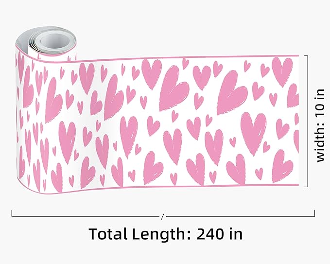 FLFK Pink Heart Wallpaper Border - Peel and Stick Wall Paper, Self Adhesive Removable PVC Borders Sticker, Modern Waterproof Trim for Home Decor, 10" x 240"