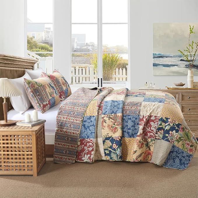 Cotton Bedspread Quilt Sets Reversible Bedding Coverlet Sets 3 Pieces Gorgeous Rustic Vintage Floral Red Yellow Patchwork Bedspread, Queen Size