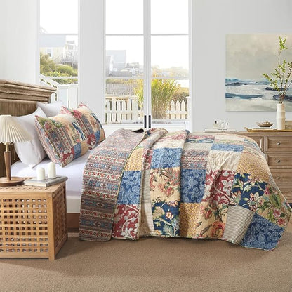 Cotton Bedspread Quilt Sets Reversible Bedding Coverlet Sets 3 Pieces Gorgeous Rustic Vintage Floral Red Yellow Patchwork Bedspread, King Size