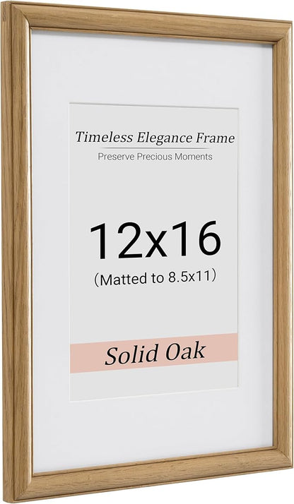 Heimlove 12x16 Picture Frame,12 x 16 Solid White Oak Photo Frame Matted to 8.5x11 with Tempered Glass,12"x16" Handcrafted wood Poster Frame,Vertical or Horizontal Wall Hanging Display,1 Pack