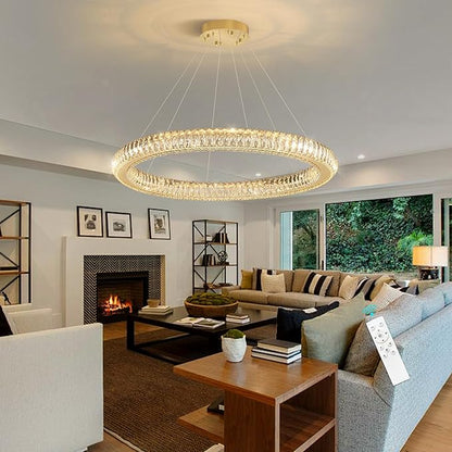 Modern Ring Chandelier LED Dimmable Living Room Chanderliers Entryway High Ceiling Crystal Ring Pendant Lights for Dining Room Bedroom Gold Interior Light