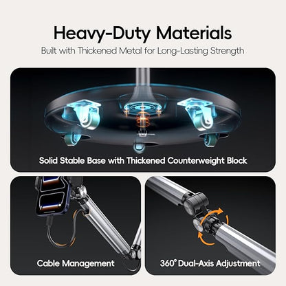 Phone Stand for Recording, Digital Heavy Duty Stand with Wheels and Weight Base, Free Rotation Aluminum Phone Mount with Adjustable Angles & Height for Content Creation, Floor Phone Stand