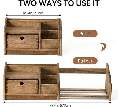 KIRIGEN Desktop Adjustable Organizer Storage Book Shelf with Drawer Wooden Desk Bookcase Workplace Storage Station Expandable Book Rack Fully Assembled SSSJ-S-DBR