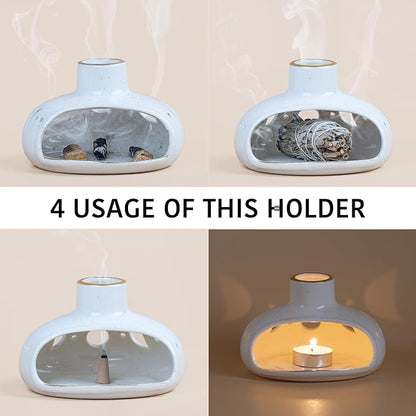 ZenBless 3 in 1 Incense Holder for Palo Santo Sticks Sage Incense, Handcrafted Ceramic Incense Burner Holder Ash Catcher with Chimney, Smudge Bowl for Yoga Meditation Room Home Decor